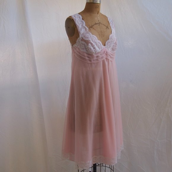 vtg 60s KOMA Pink Nylon Chiffon Babydoll Short Empire Chemise Nightgown Lace M - Picture 2 of 11